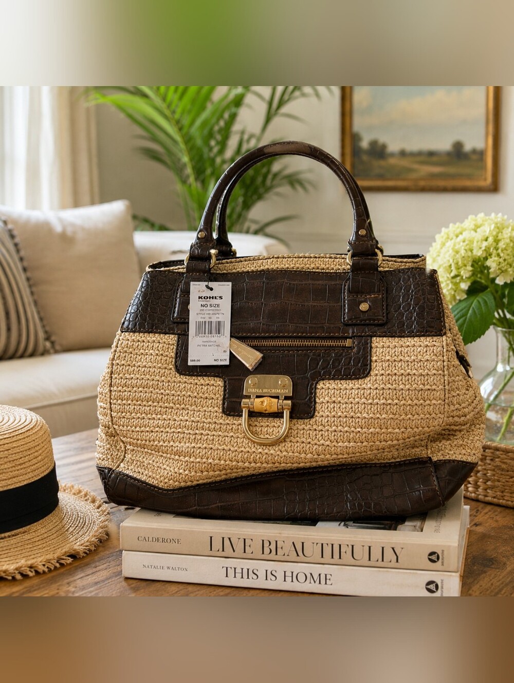 Dana Buchman Petra Satchel Straw & Croc Embossed Tote Bag NWT